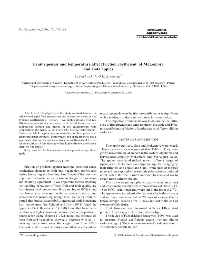 Fruit Ripeness and Temperature Affect Friction Coefficient of Mclemore and Gala Apples PDF