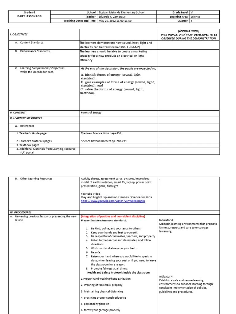Lesson Plan With Cot Indicator PDF Learning Educational Assessment
