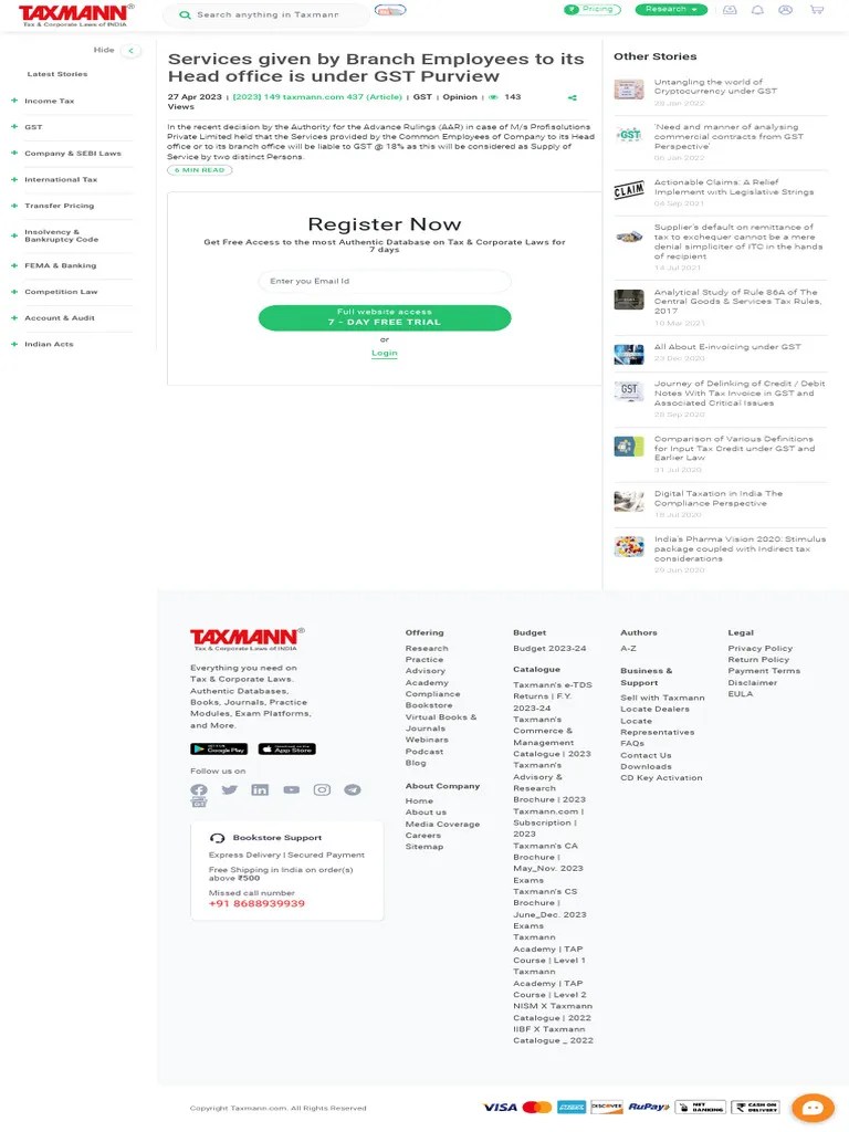Services Given by Branch Employees To Its Head Office Is Under GST