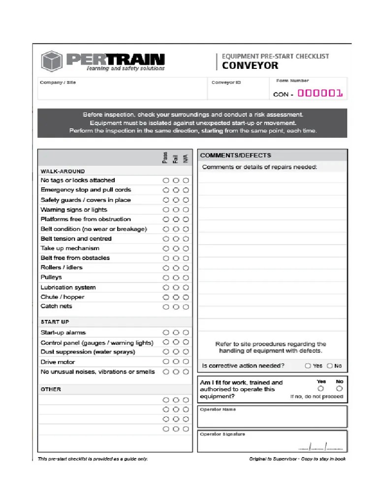 Prestart Checklist Belt Conveyor PDF