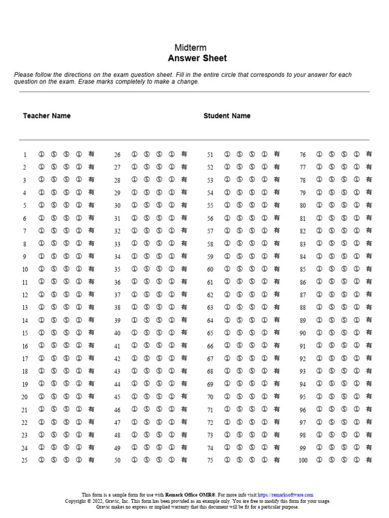 100 Question Answer Sheet PDF