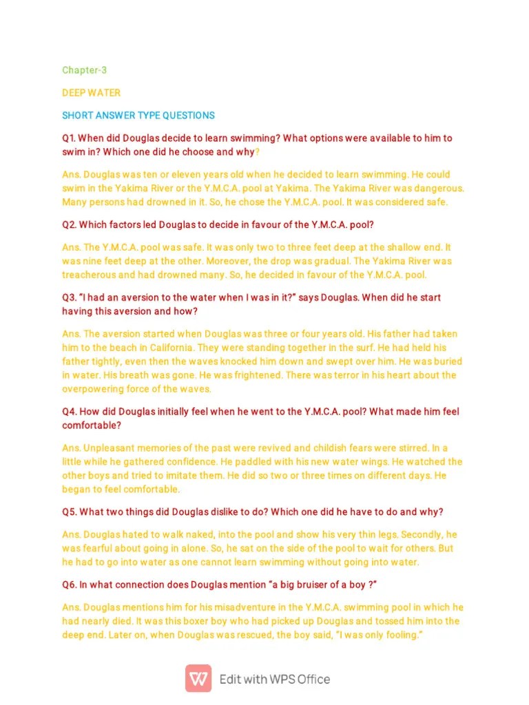 Deep Water Questions and Answers English Class 12th Boards PDF