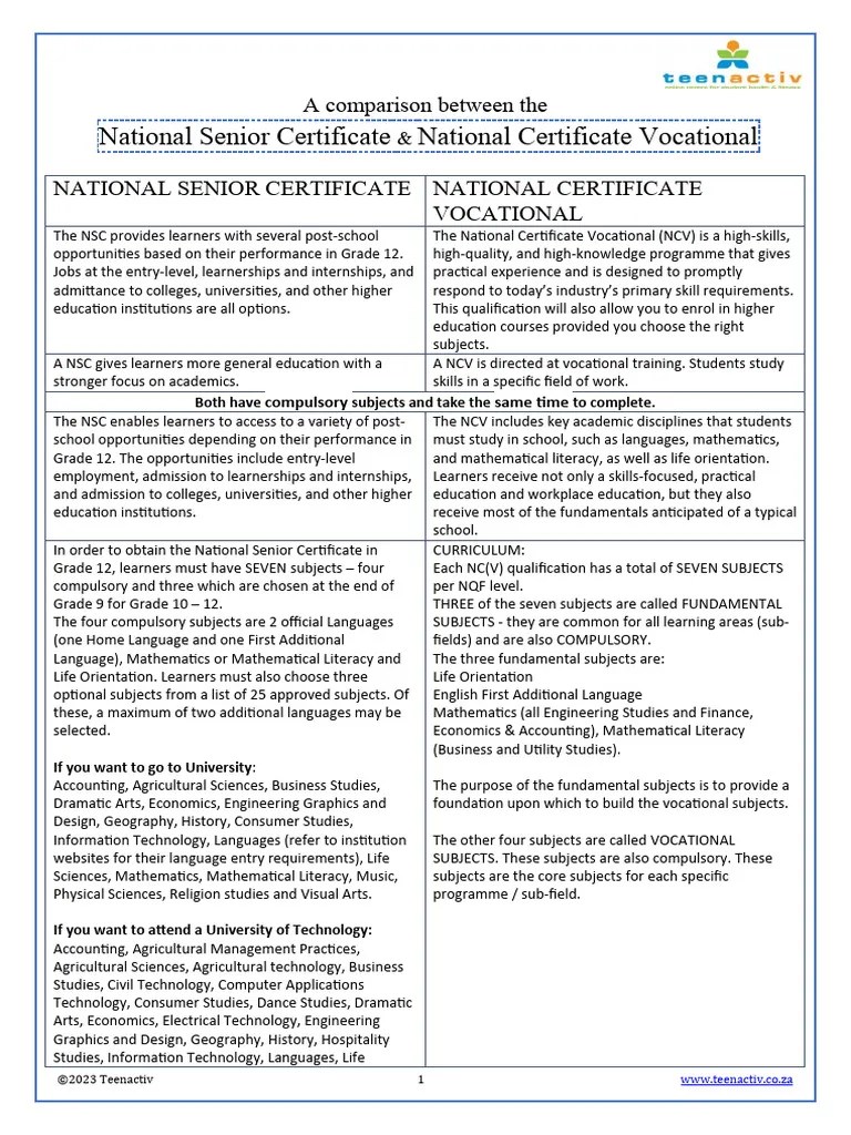3 Lesson 1 NSC Vs NCV Comparison 0 PDF Vocational Education