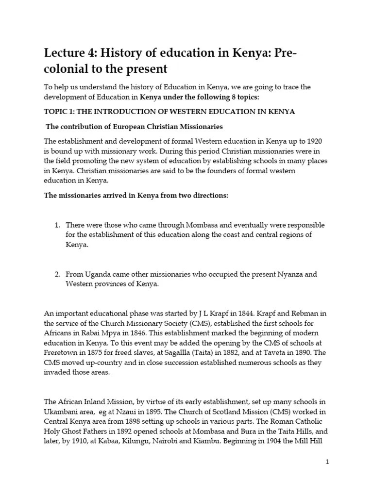 LECTURE 4 +5 History of Education in Kenya PreColonial To The Present MASOMO Edited 17123