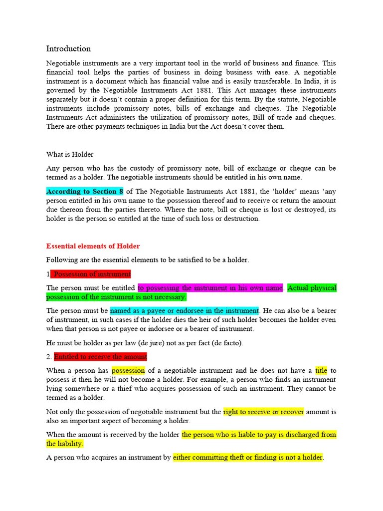 Holder and Holder in Due Course PDF Negotiable Instrument Cheque