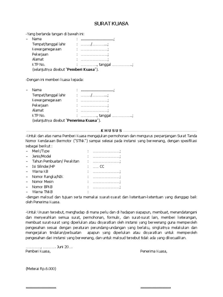 Draft Surat Kuasa Untuk Perpanjang STNK