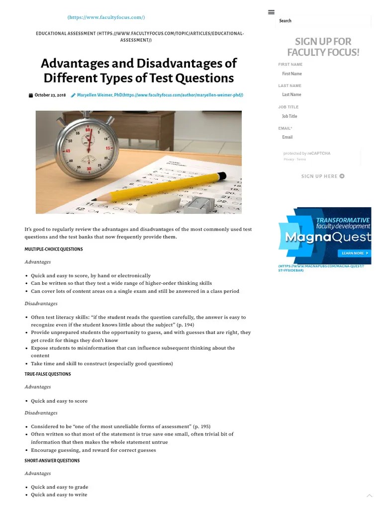 Advantages, Disadvantages of Different Types of Test Questions PDF Multiple Choice