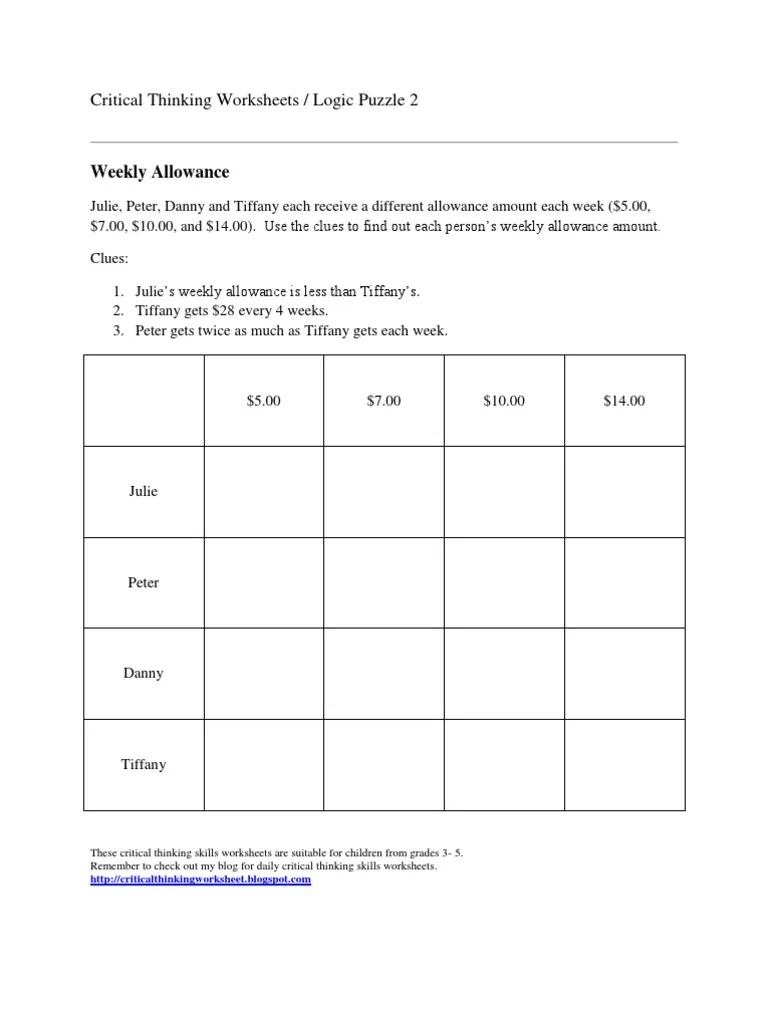 Critical Thinking Worksheets - Logic Puzzles For Kids