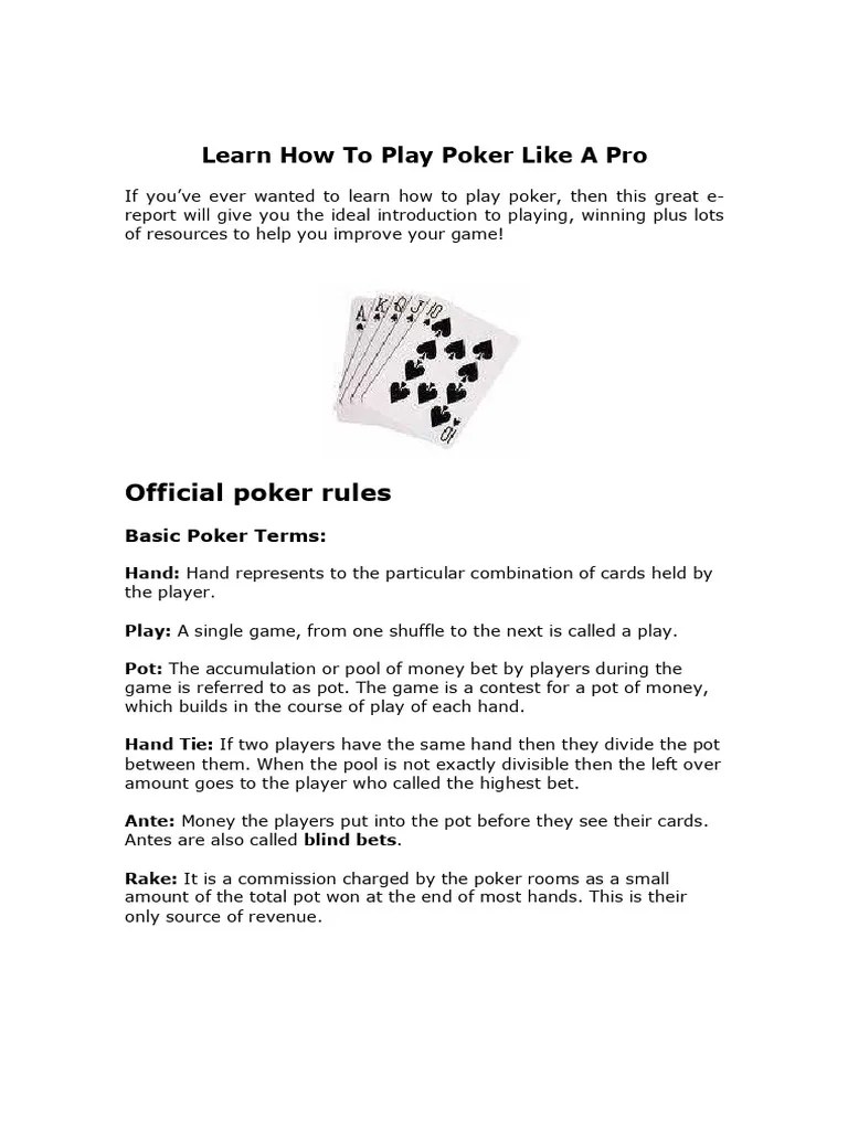 Official Poker Rules Learn How To Play Poker Like A Pro PDF