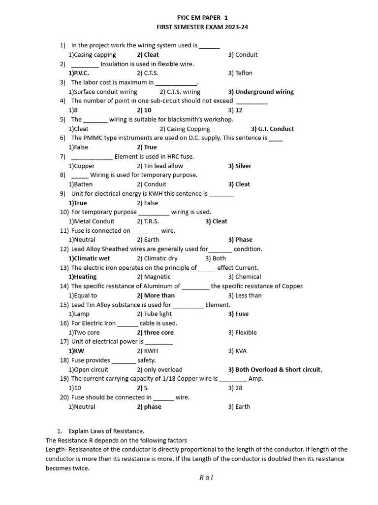 Fy em - 1 Question Bank 2023-24 | PDF | Electrical Resistance And