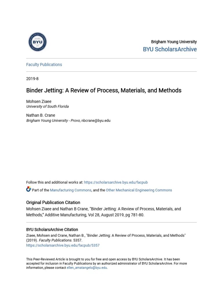 Binder Jetting A Review of Process Materials and Methods PDF