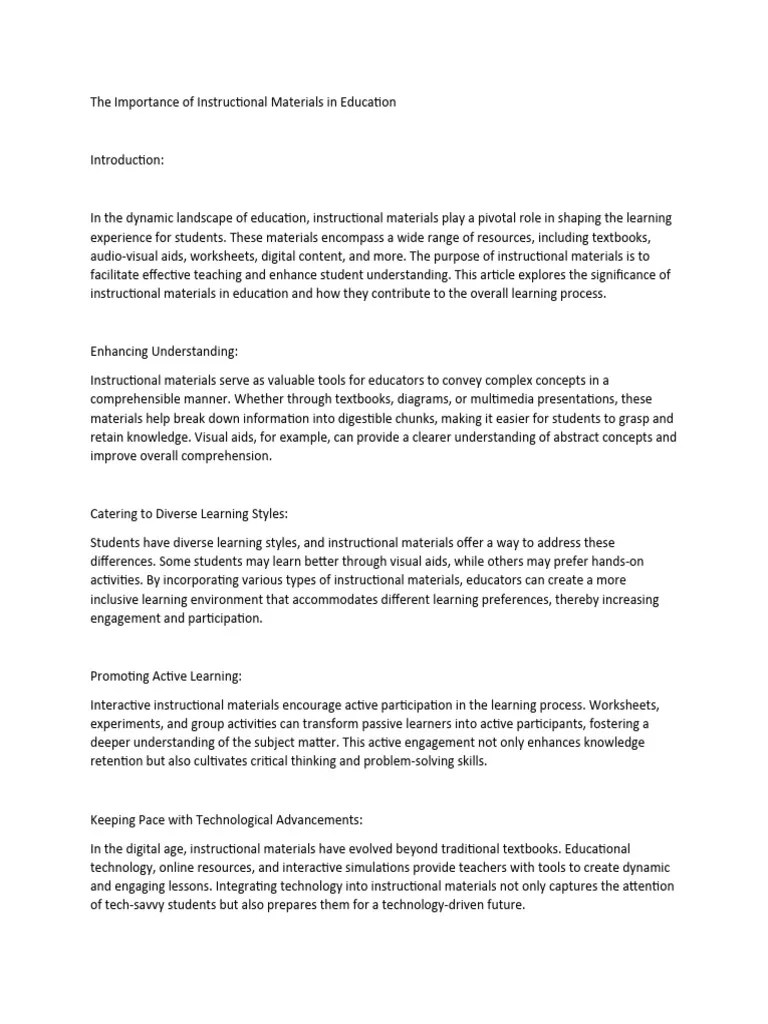 The Importance of Instructional Materials in Education PDF Learning