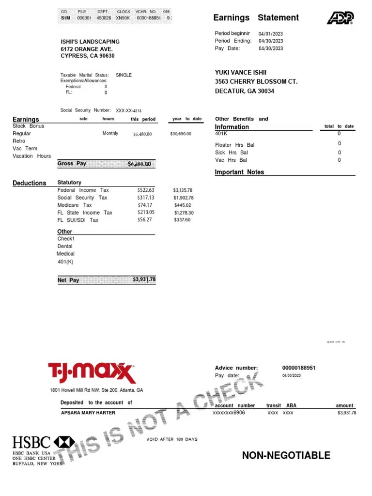 Paystub Tjmaxx PDF 401(K) Taxes