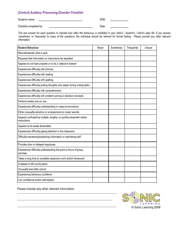 Checklist for Central Auditory Processing Disorder (CAPD) PDF