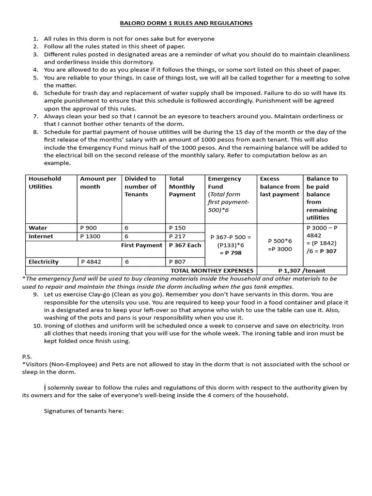 Rules and Regulations Dorm 1 PDF