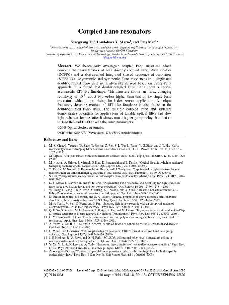 Coupled Fano Resonators PDF Optics Photonics