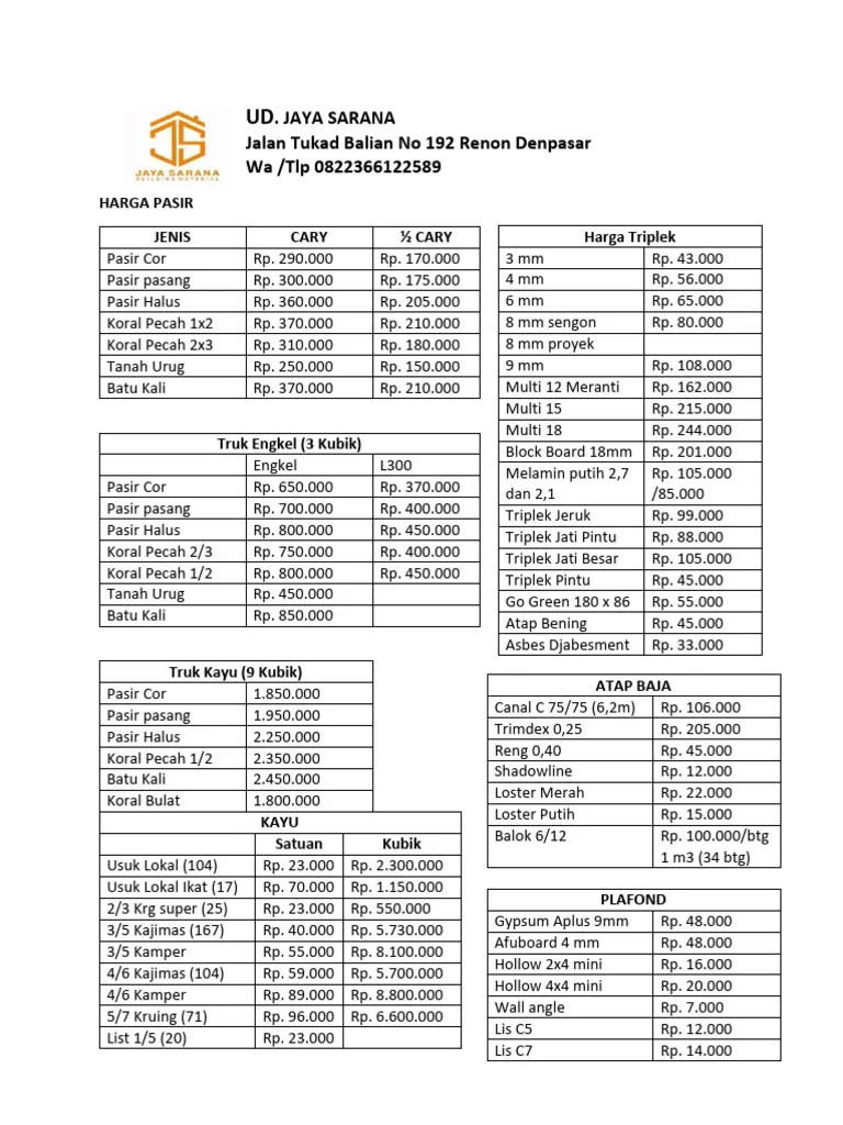 Construction Material Price List PDF
