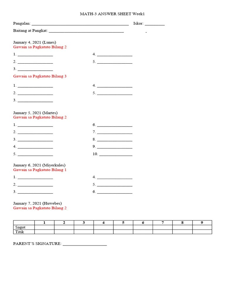 Math Answer Sheet | PDF