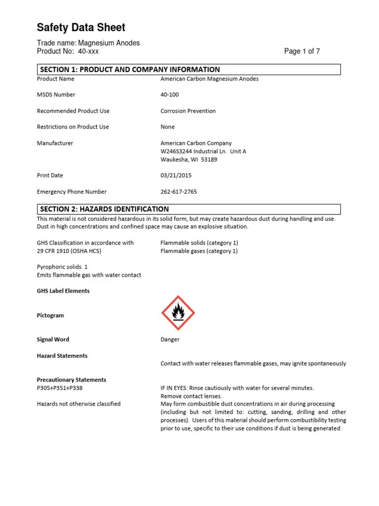 Msds Magnesium Anodes PDF Dangerous Goods Waste