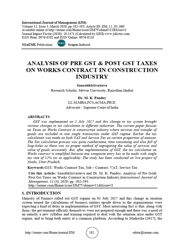 Analysis of Pre GST & Post GST Taxes On Works Contract in Construction