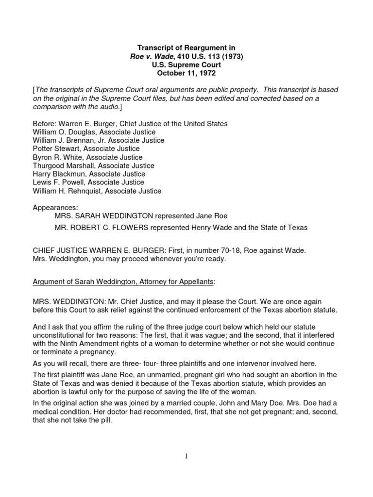 Transcript Roe V Wade ReArgument Oct 1972 PDF Roe V. Wade Virtue