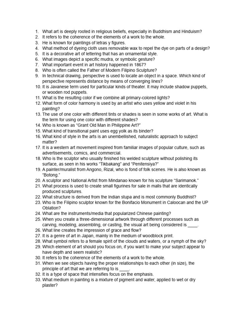 Art Appreciation Questions PDF Paintings Sculpture