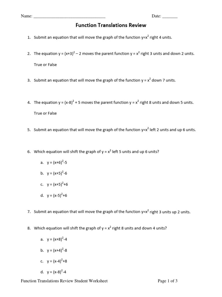EOC Student Worksheet Function Translations Review Download Free PDF Graph Theory