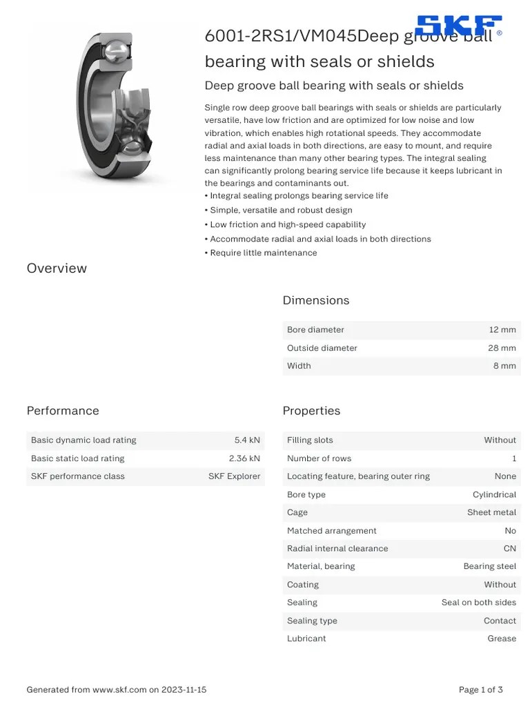 SKF 60012RS1 VM045Deep Groove Ball Bearing With Seals or Shields
