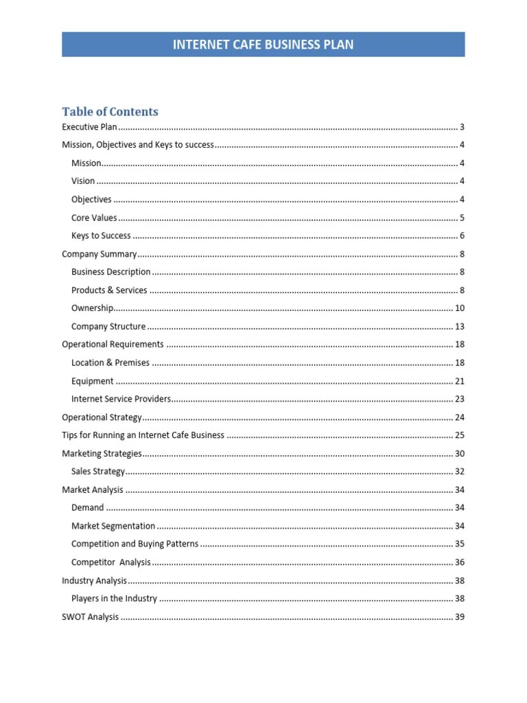 Cafe Business Plan Contents Table (1) PDF Business Plan Risk