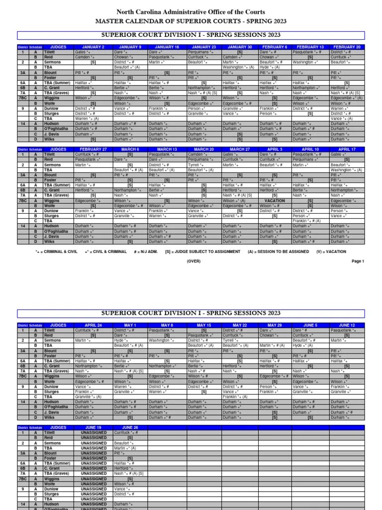 NC Superior Court Spring 2023 Schedule PDF