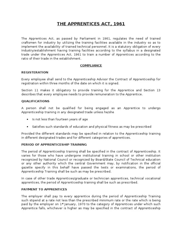The Apprentices Act, 1961 PDF Apprenticeship Employment