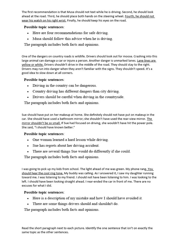 Topic Sentence Practice and Key PDF