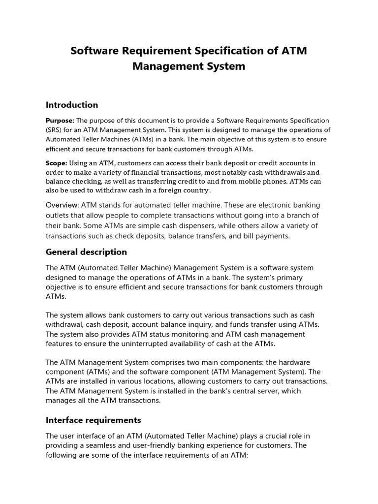 Software Requirement Specification of ATM Management System PDF