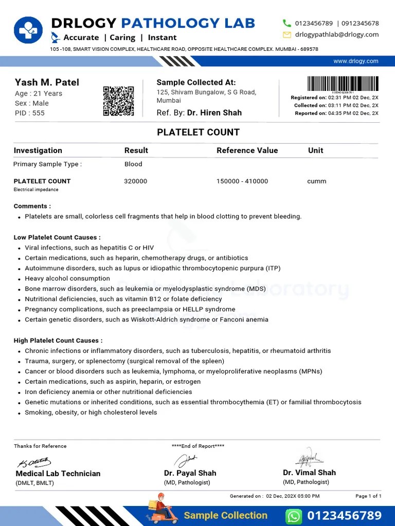 PLATELET COUNT Test Report Format Example Sample Template Drlogy Lab