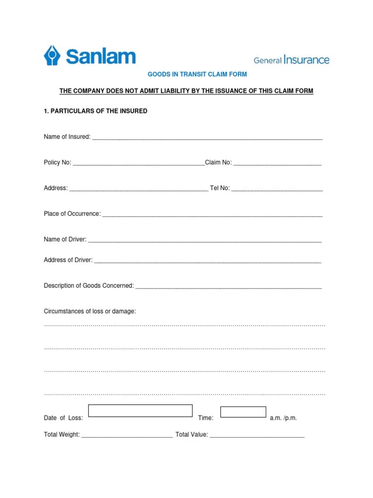 Goods in Transit Claim Form PDF Insurance Consent