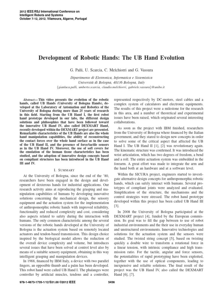 Development of Robotic Hands The UB Hand PDF Hand Robotics