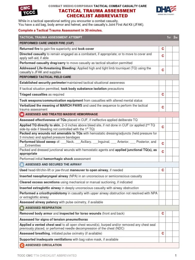 Tactical Trauma Assessment Checklist Abbreviated PDF Human Diseases