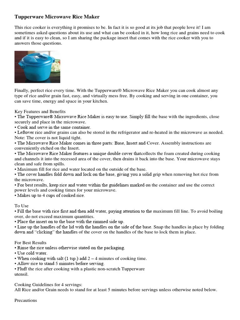 Tupperware Microwave Rice Maker | PDF | Rice | Cooking