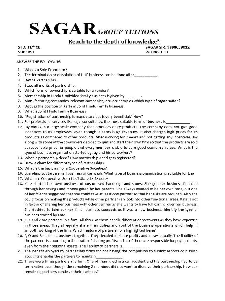 BST Worksheet PDF Partnership Sole Proprietorship