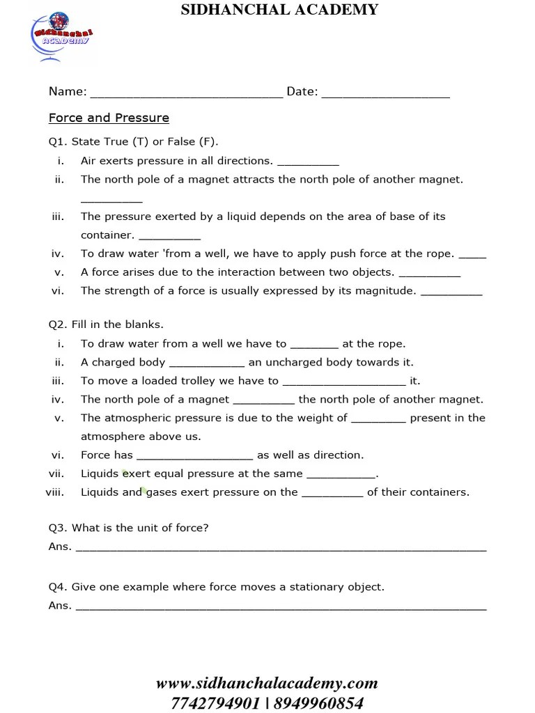 Force and Pressure Worksheet 1 PDF Pressure Force