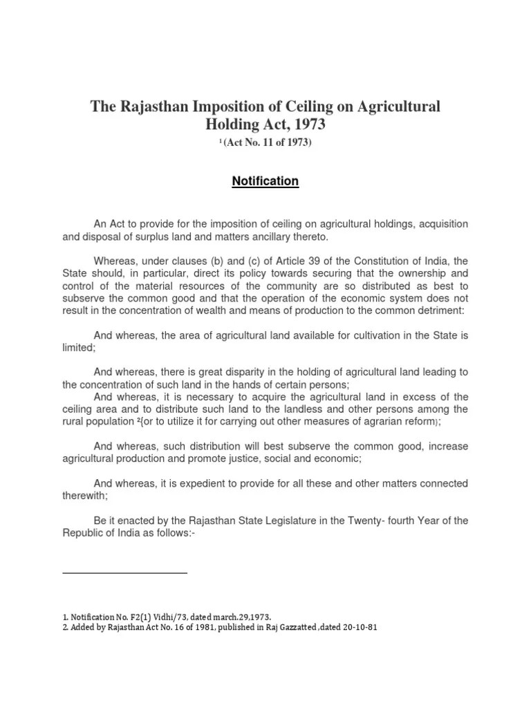 The Rajasthan Imposition of Ceiling On Agricultural Holding Act, 1973 PDF Agriculture Justice