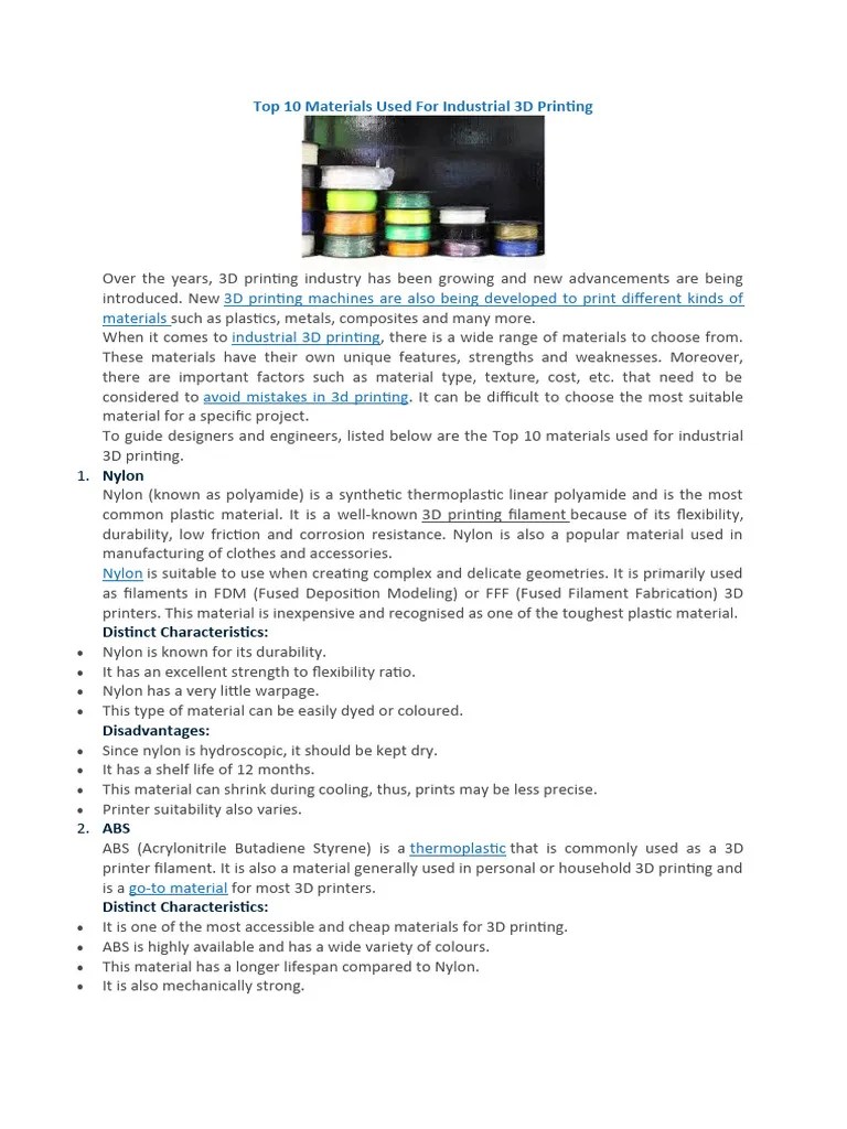 Materials Used For Industrial 3D Printing PDF 3 D Printing Nylon