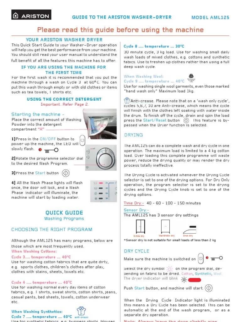 Ariston Washing Machine AML125 Quick Guide AUS Washing Machine