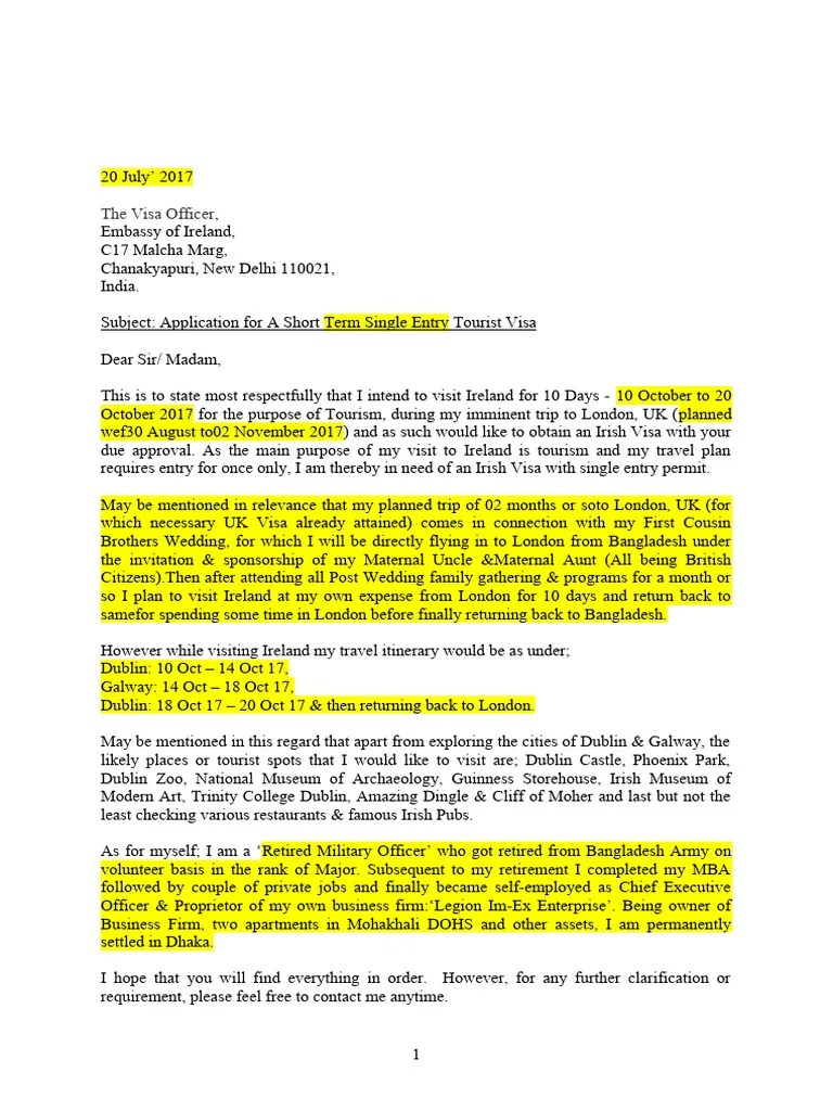 Sample Ireland Cover Letter PDF Travel Visa Human Migration