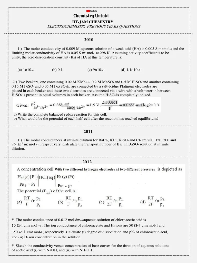 Electrochemistry Questions PDF Acid Analytical Chemistry