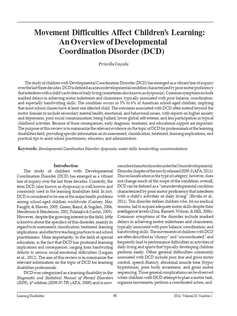 DCD Overview Movement Difficulties Affect Learning PDF Mental
