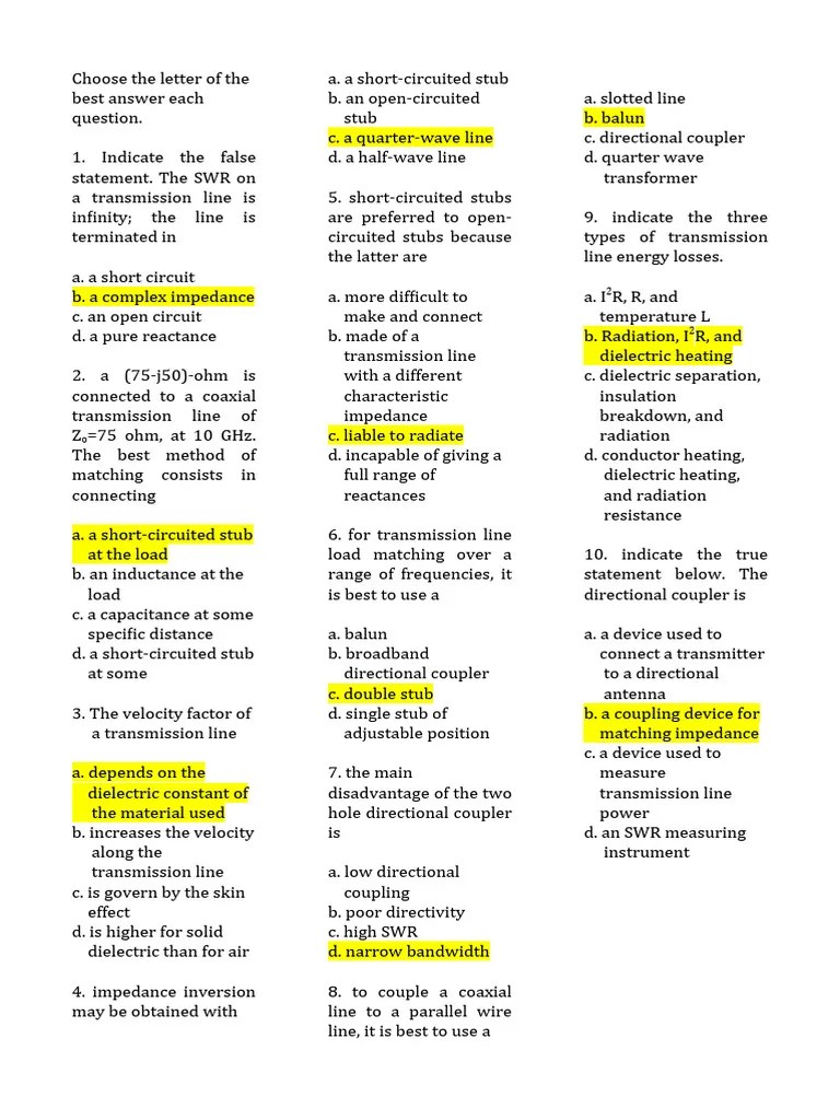 MCQ Transmission PDF Transmission Line Electrical Impedance