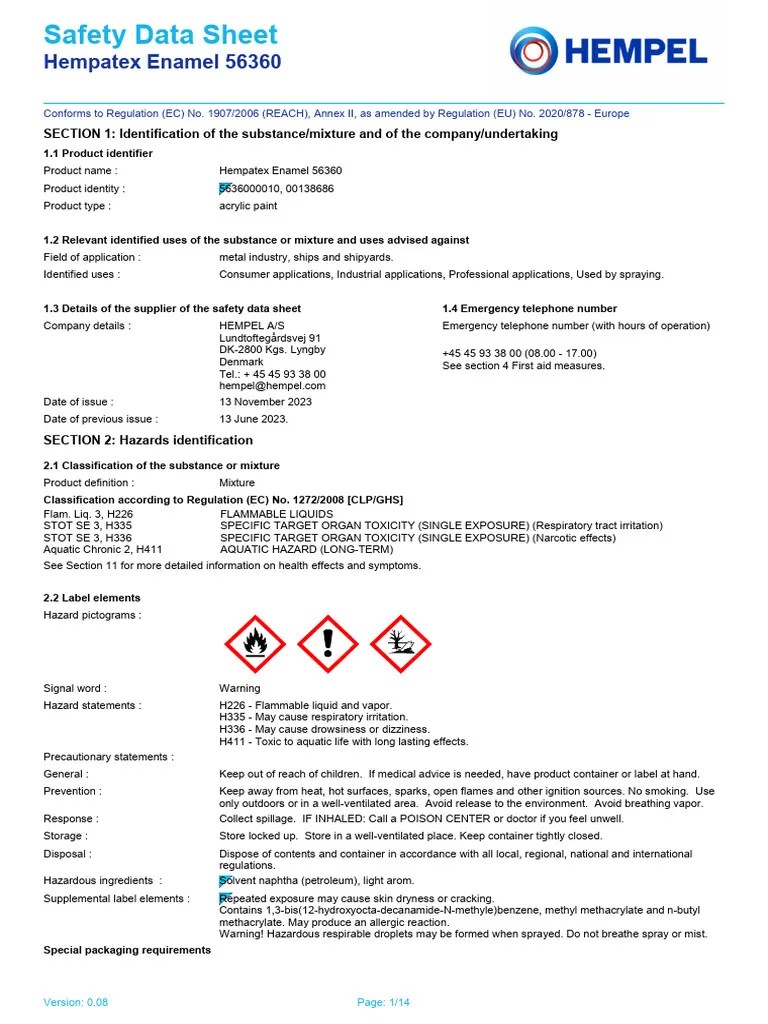 Hempel Paint MSDS PDF Working Conditions Occupational Safety
