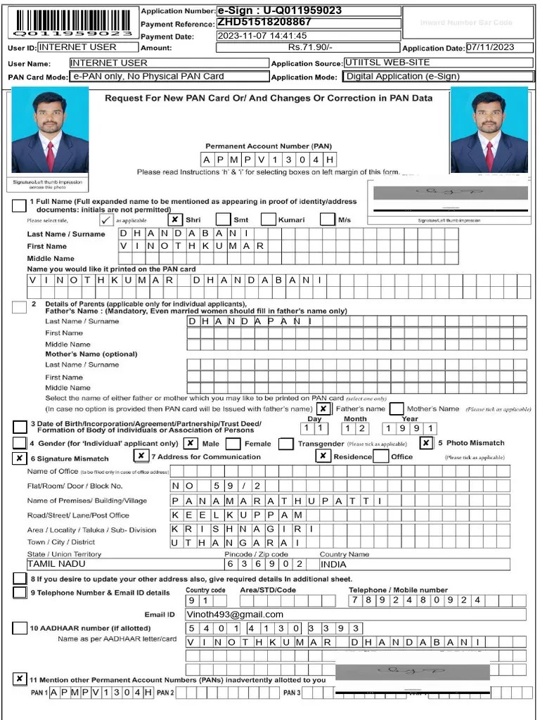 Pan Card Correction Form PDF Computing Cyberspace