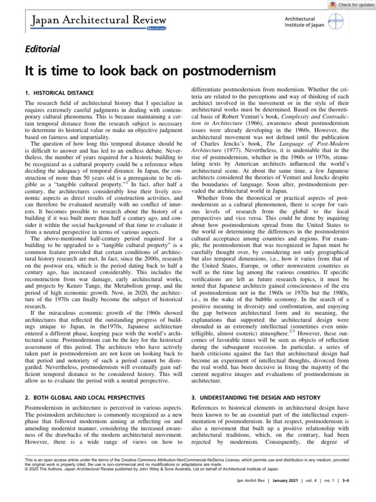 Japan Architectural Review 2020 Yokote It Is Time To Look Back On Postmodernism PDF